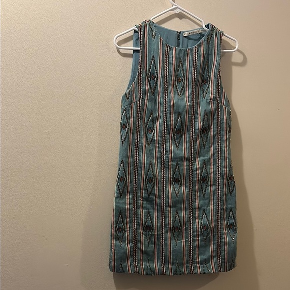 Alice and Olivia Patterned Sleeveless Dress in Teal - size 2 - cotton - beaded - Picture 1 of 7